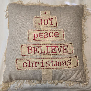 16" No Label Gray Herringbone Burlap Embroidered Tree Christmas Throw Pillow
